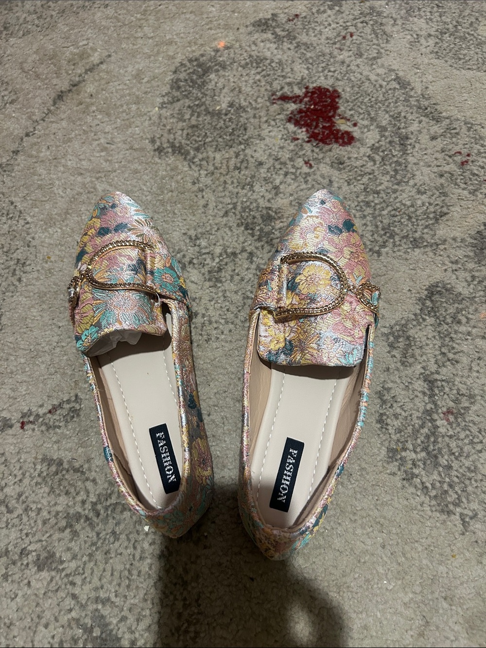 Emu Pink Floral Metallic Loafers with Gold Buckle